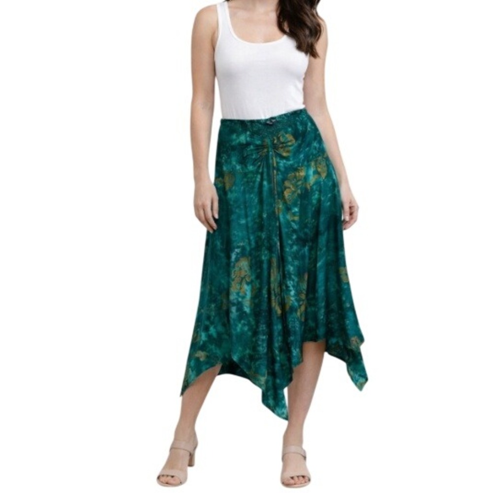 Hibiscus Collection Hawaii Women's Teal Green Tie Dye Handkerchief Hem Skirt‎ OS